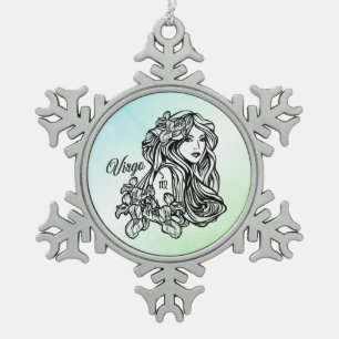 Virgo The Virgin Zodiac Green Snowflake Pewter Christmas Ornament