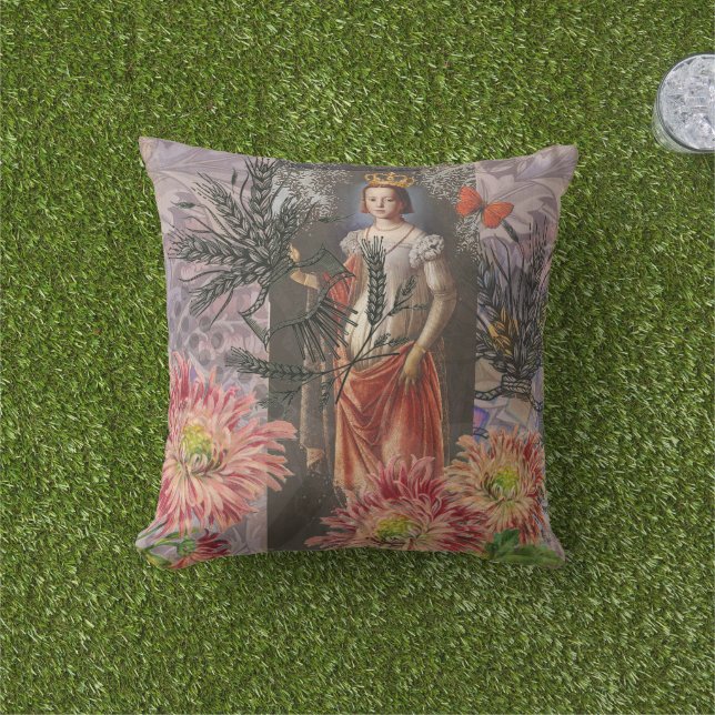 Virgo Woman Portrait Antique Colourful Rich Outdoor Pillow (Grass)