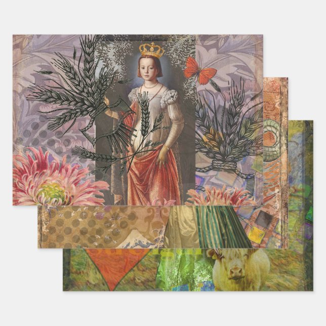 Virgo Woman Portrait Antique Colourful Rich Wrapping Paper Sheet (Set)