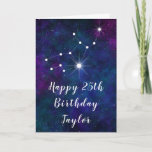 Virgo Zodiac Constellation Happy Birthday Card<br><div class="desc">This cosmic and celestial birthday card can be personalized with a name or title such as mom, daughter, granddaughter, niece, friend etc. The design features the Virgo zodiac constellation on a dark blue and purple watercolor galaxy background with scattered stars. The text combines handwritten script and modern serif fonts for...</div>