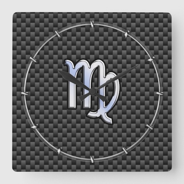 Virgo Zodiac Sign Charcoal Carbon Fibre Print Square Wall Clock (Front)