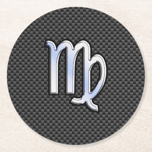 Virgo Zodiac Sign on Charcoal Carbon Fibre Print Round Paper Coaster
