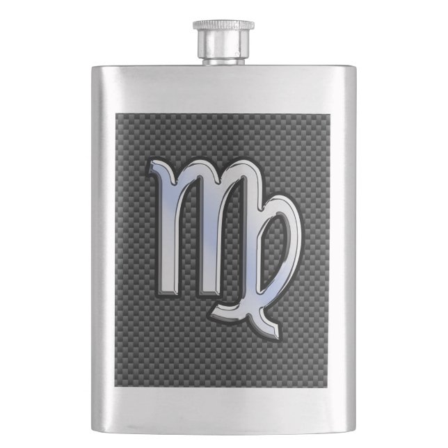 Virgo Zodiac Sign on Charcoal Carbon Fibre Style Hip Flask (Front)
