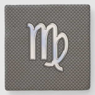 Virgo Zodiac Sign on Charcoal Carbon Fibre Style Stone Coaster