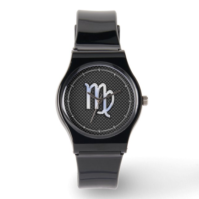 Virgo Zodiac Sign on Charcoal Carbon Fibre Style Watch (Front)