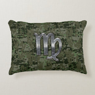 Virgo Zodiac Sign on Green Digital Camo Accent Pillow
