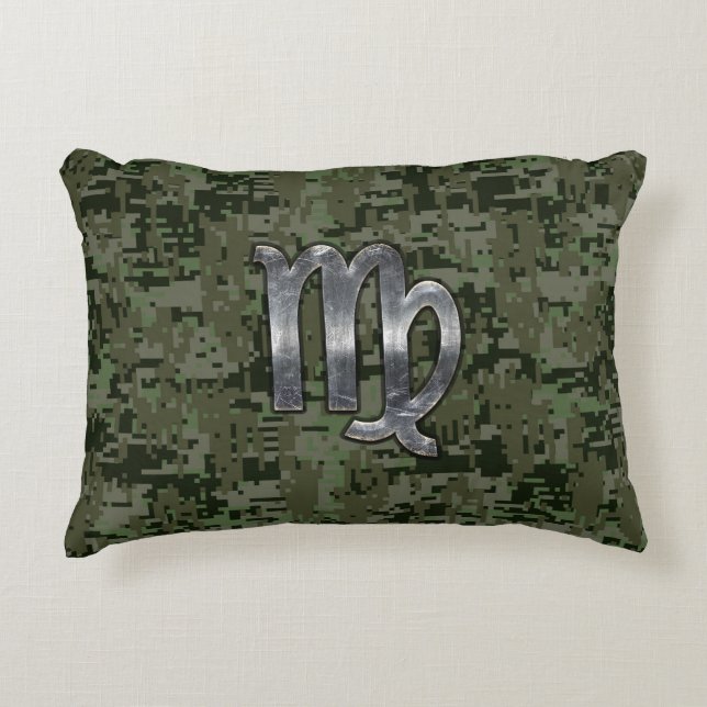 Virgo Zodiac Sign on Green Digital Camo Accent Pillow (Front)