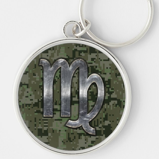 Virgo Zodiac Sign on Green Digital Camo Decor Keychain (Front)