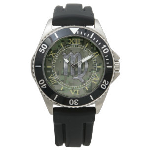 Virgo Zodiac Sign on Green Digital Camo Dial Watch
