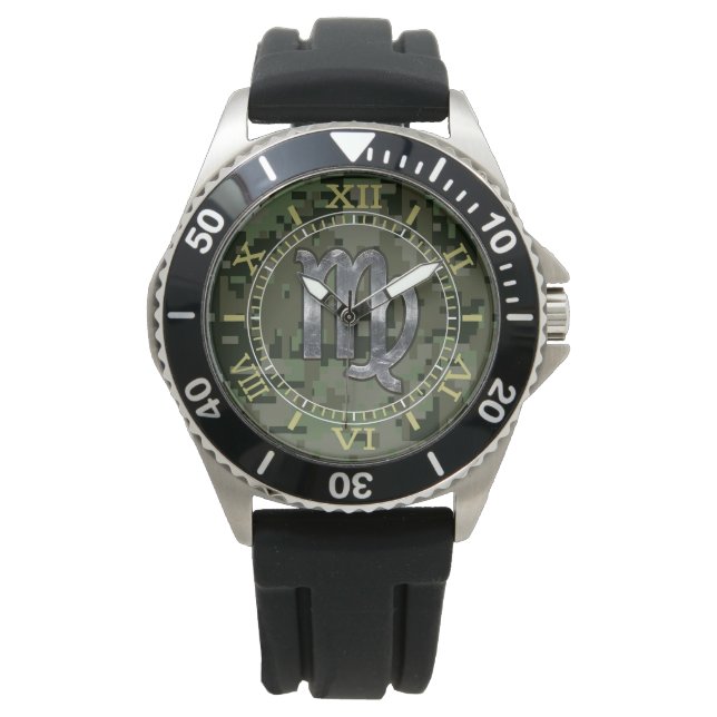 Virgo Zodiac Sign on Green Digital Camo Dial Watch (Front)