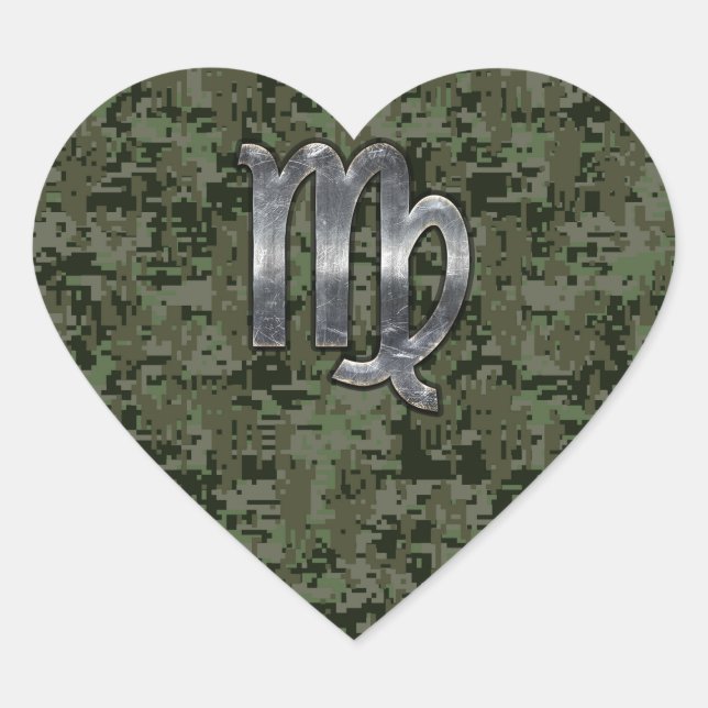 Virgo Zodiac Sign on Green Digital Camo Heart Sticker (Front)