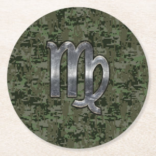 Virgo Zodiac Sign on Green Digital Camo Round Paper Coaster