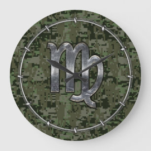 Virgo Zodiac Sign on Green Digital Camo Style Large Clock