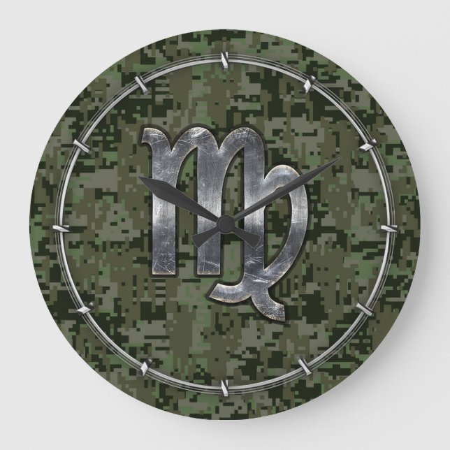 Virgo Zodiac Sign on Green Digital Camo Style Large Clock (Front)
