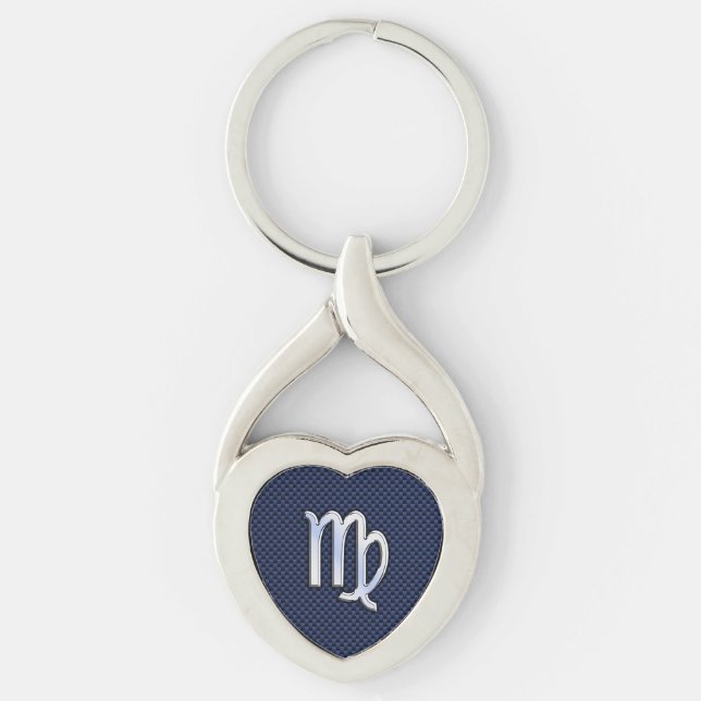 Virgo Zodiac Sign on Navy Blue Carbon Fiber Print Keychain (Front)