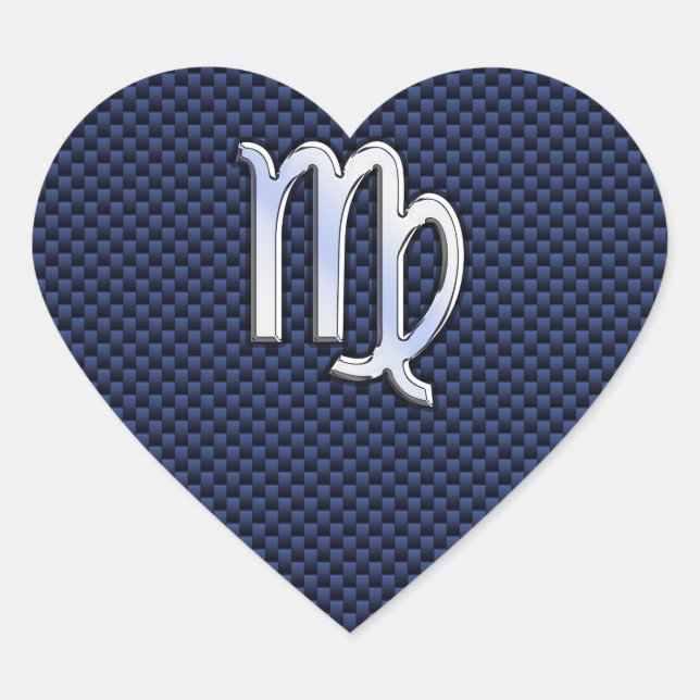 Virgo Zodiac Sign on Navy Blue Carbon Fibre Print Heart Sticker (Front)
