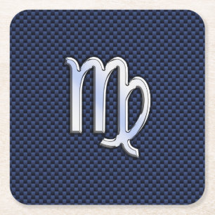 Virgo Zodiac Sign on Navy Blue Carbon Fibre Print Square Paper Coaster