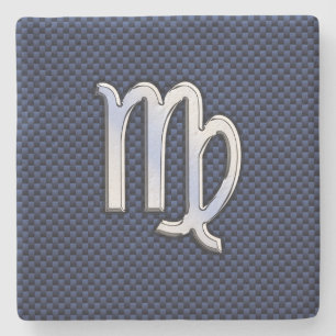 Virgo Zodiac Sign on Navy Blue Carbon Fibre Print Stone Coaster