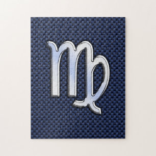 Virgo Zodiac Sign on Navy Blue Carbon Fibre Style Jigsaw Puzzle