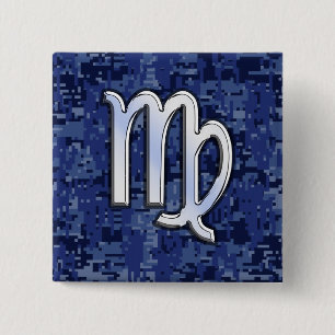 Virgo Zodiac Sign on Navy Blue Digital Camo Decor 2 Inch Square Button