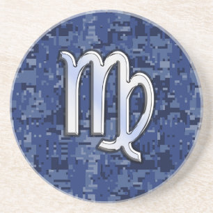 Virgo Zodiac Sign on Navy Blue Digital Camo Decor Coaster