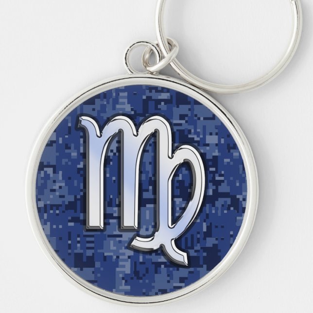 Virgo Zodiac Sign on Navy Blue Digital Camo Decor Keychain (Front)