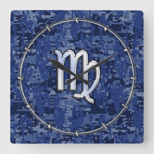 Virgo Zodiac Sign on Navy Blue Digital Camo Decor Square Wall Clock
