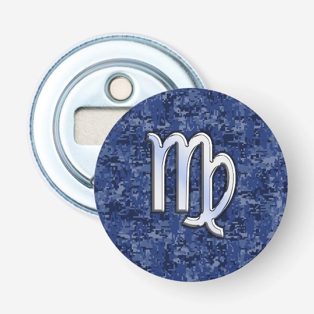 Virgo Zodiac Sign on Navy Blue Digital Camouflage Bottle Opener (Front)