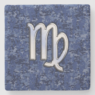 Virgo Zodiac Sign on Navy Blue Digital Camouflage Stone Coaster