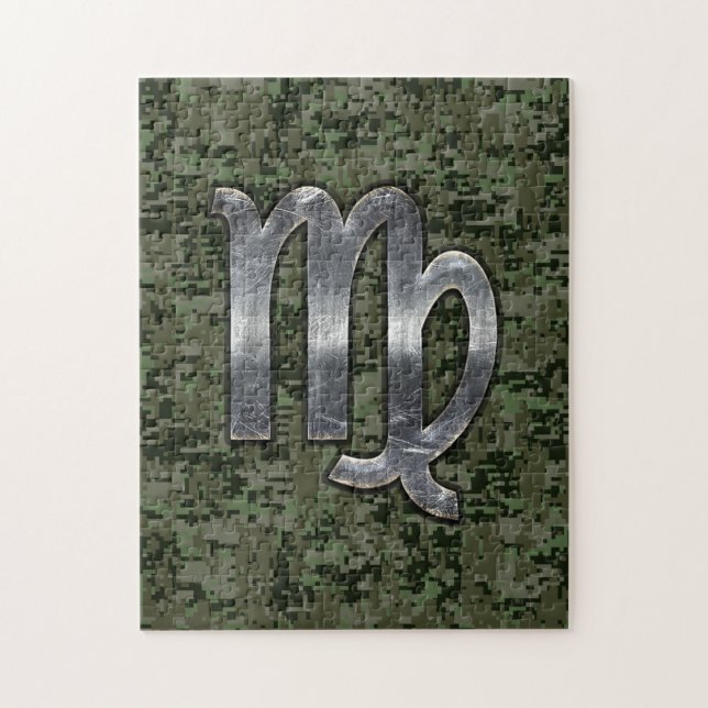 Virgo Zodiac Sign on Olive Green Digital Camo Jigsaw Puzzle (Vertical)