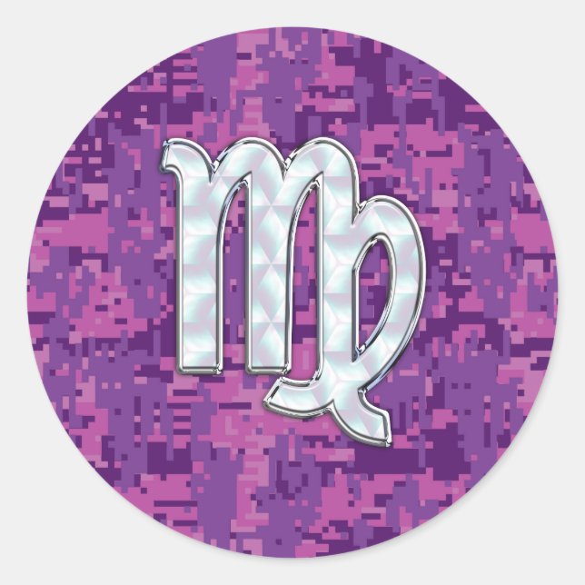 Virgo Zodiac Sign on Pink Digital Camouglage Classic Round Sticker (Front)