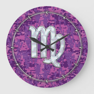 Virgo Zodiac Sign on Pink Digital Camouglage Large Clock