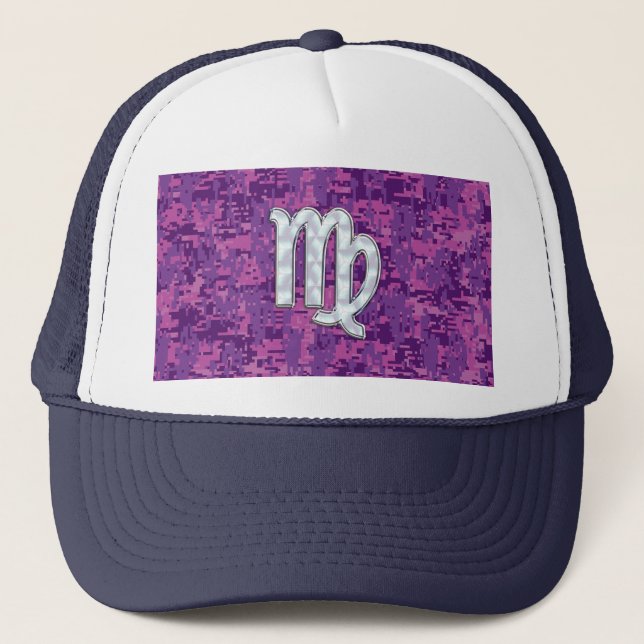 Virgo Zodiac Sign on Pink Digital Camouglage Trucker Hat (Front)