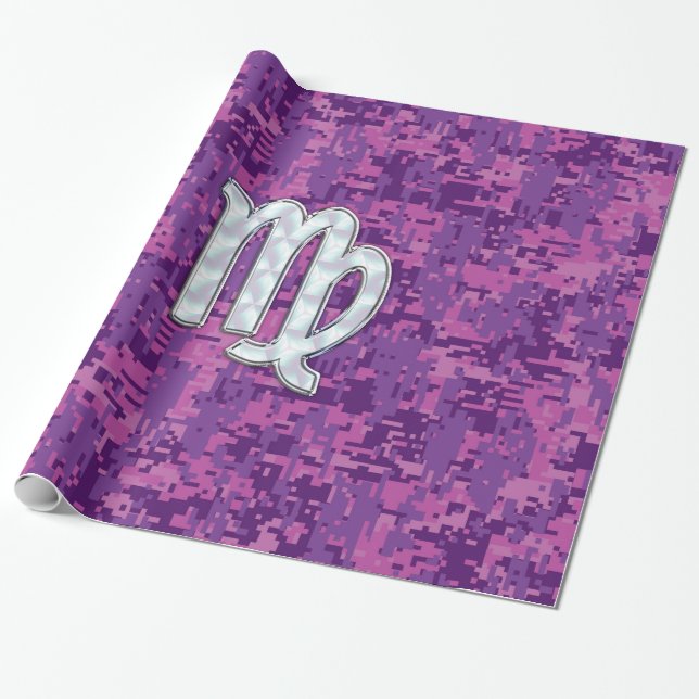 Virgo Zodiac Sign on Pink Digital Camouglage Wrapping Paper (Unrolled)