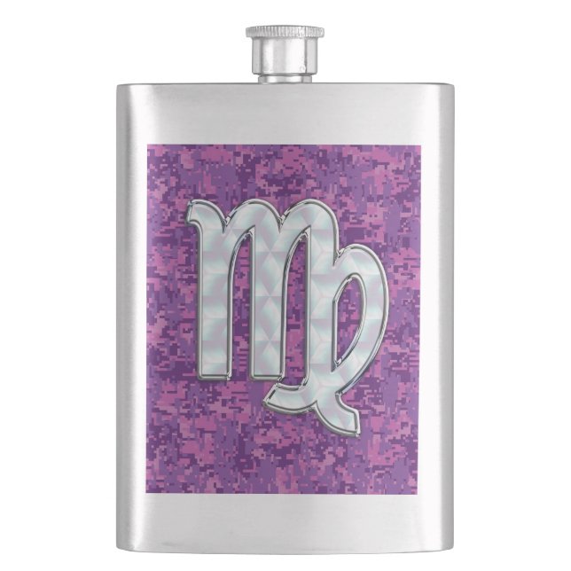 Virgo Zodiac Sign on Pink Fuchsia Digital Camo Hip Flask (Front)