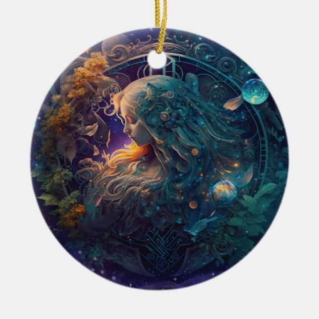 Virgo Zodiac Sign Watercolor Design Ceramic Ornament (Front)