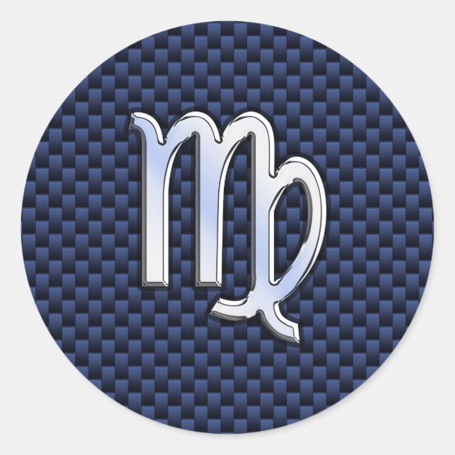 Virgo Zodiac Silver Sign Blue Carbon Fibre Print Classic Round Sticker (Front)
