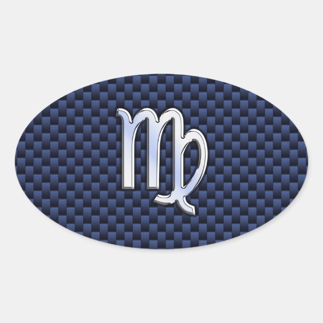 Virgo Zodiac Silver Sign Blue Carbon Fibre Print Oval Sticker (Front)