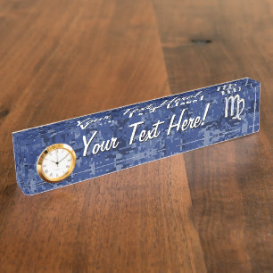 Virgo Zodiac Silver Sign on Navy Blue Digital Camo Nameplate