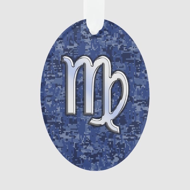Virgo Zodiac Silver Sign on Navy Blue Digital Camo Ornament (Front)