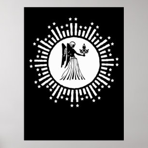 Virgo Zodiac Symbol with Stars & Radiant Sunburst Poster