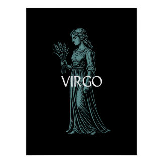 Virgo Zodiac – Vintage Maiden in Teal on Black Poster