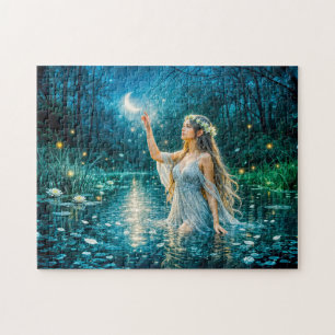 Virgo Zodiac with Moonlit Maiden Holding a Glowing Jigsaw Puzzle