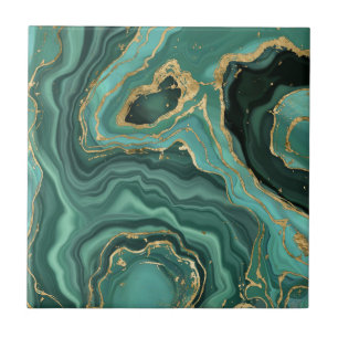 Viridian Green Marble and Gold Abstract Tile