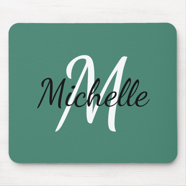Viridian Green & White Monogram Add Your Name Mouse Pad (Front)