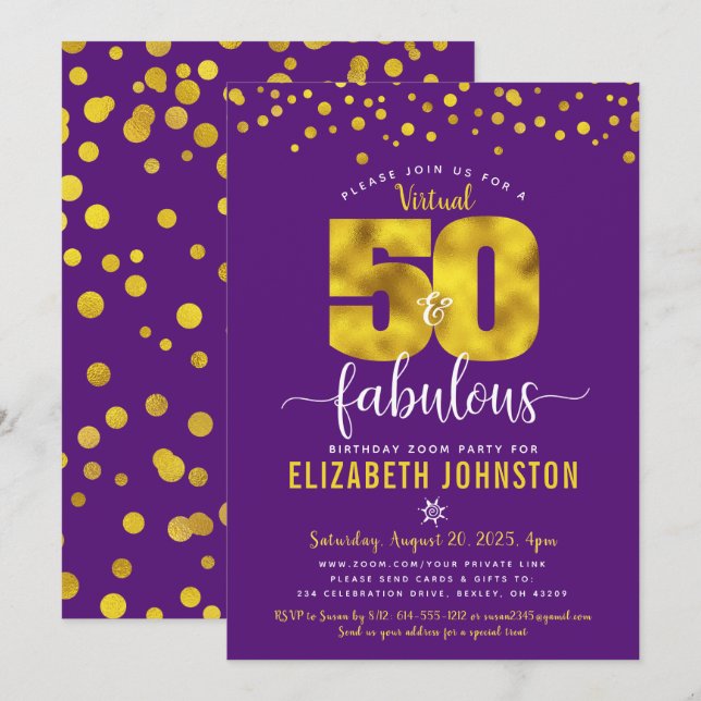 Virtual 50 and fabulous birthday purple gold dots invitation (Front/Back)