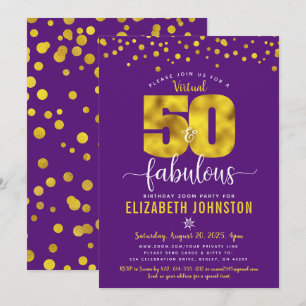 Virtual 50 and fabulous birthday purple gold dots invitation