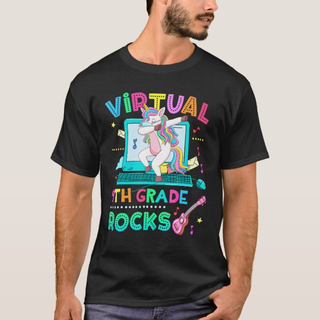 Virtual 9th Grade Rocks Dabbing Unicorn Mask Back  T-Shirt (Front)