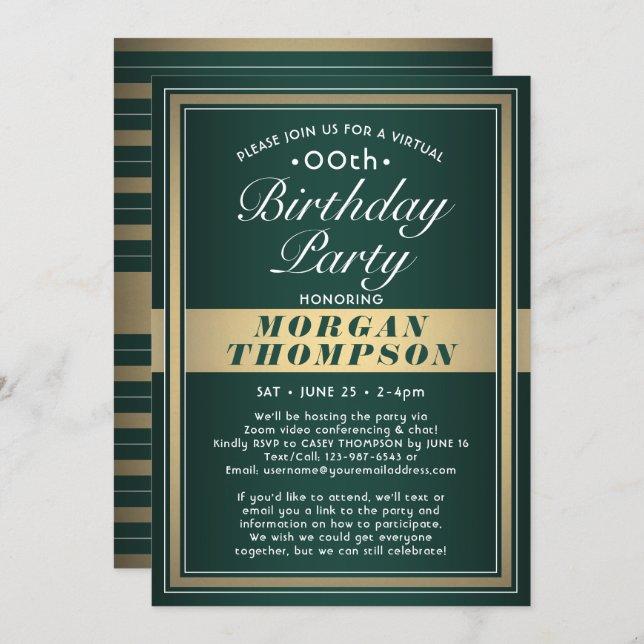 Virtual Any Birthday Green Gold and White Party Invitation (Front/Back)