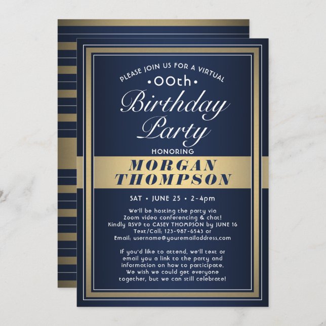 Virtual Any Birthday Navy Blue Gold & White Party Invitation (Front/Back)